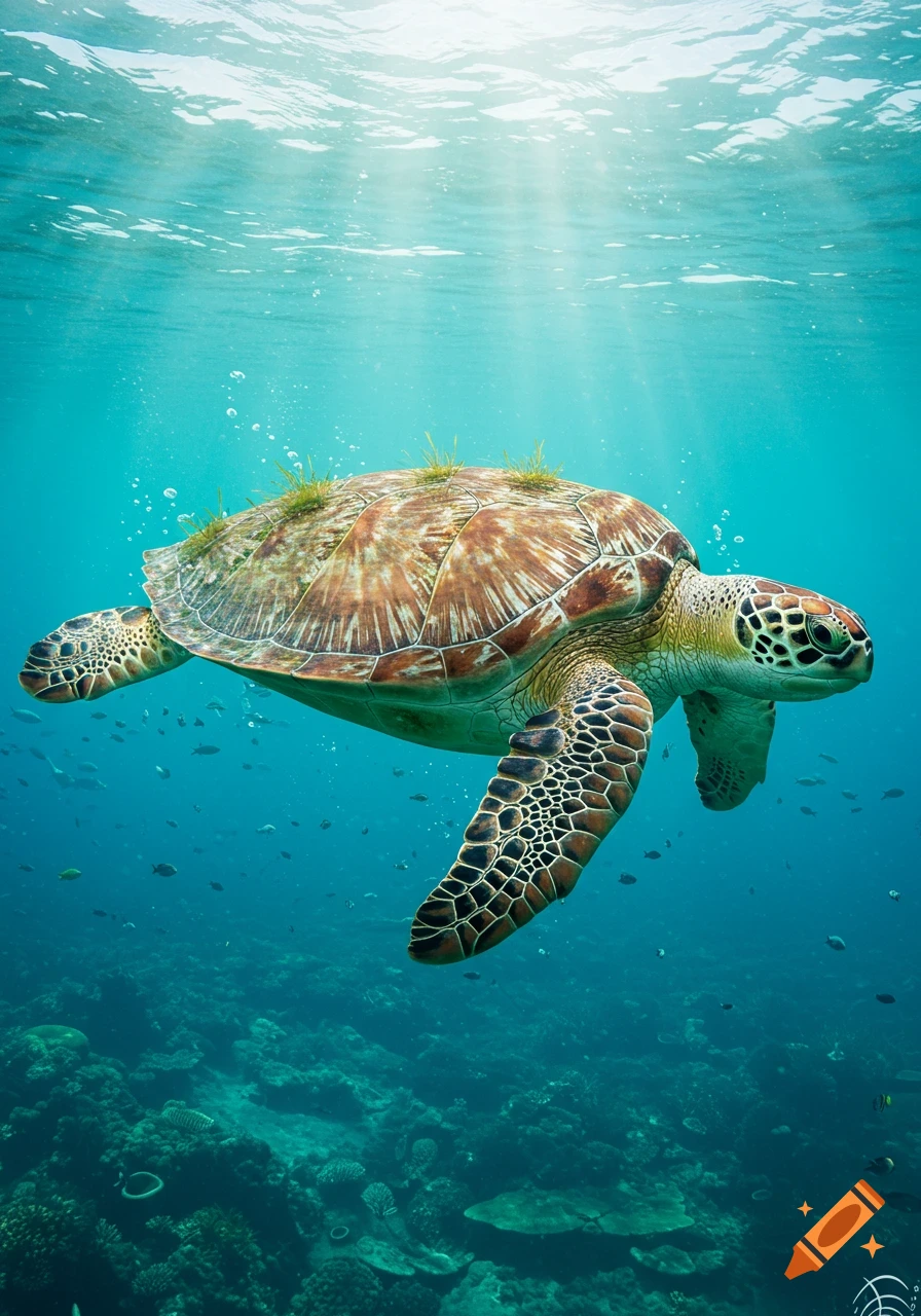 A large photorealistic sea turtle swims gracefully through clear blue ocean water, with sunlight filtering from above.