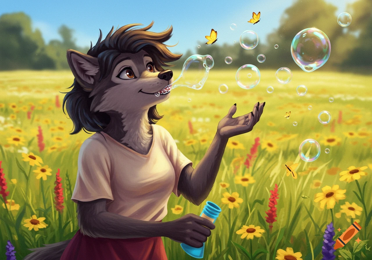 Disney-style anthropomorphic wolf woman blowing bubbles in a sunny field with yellow flowers and butterflies.