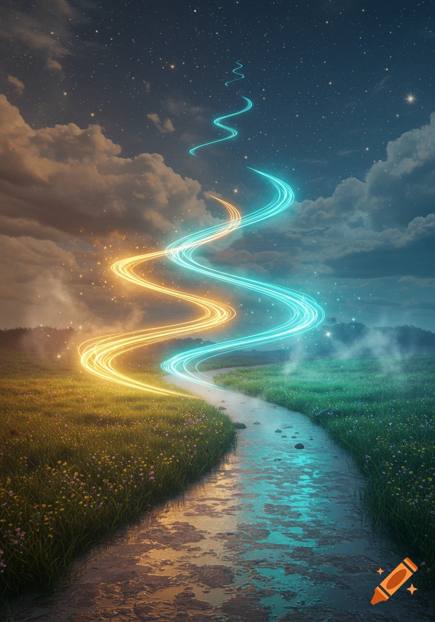 Vibrant fantasy landscape with a glowing orange and blue wavy light path over a river in grassy fields under a starry sky.