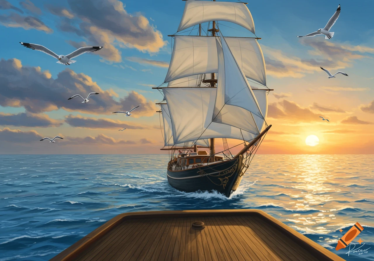 A tall ship with white sails navigates a blue ocean at sunset, with seagulls. A wooden deck is in the foreground.