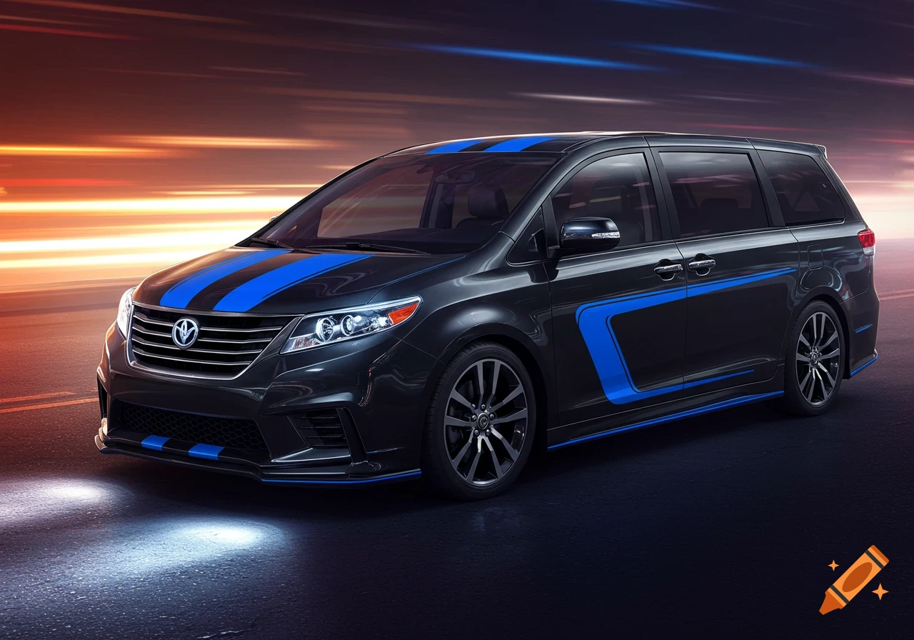 A dark gray minivan with prominent blue racing stripes on the hood and sides, parked on a road with a blurred, warm-toned background.