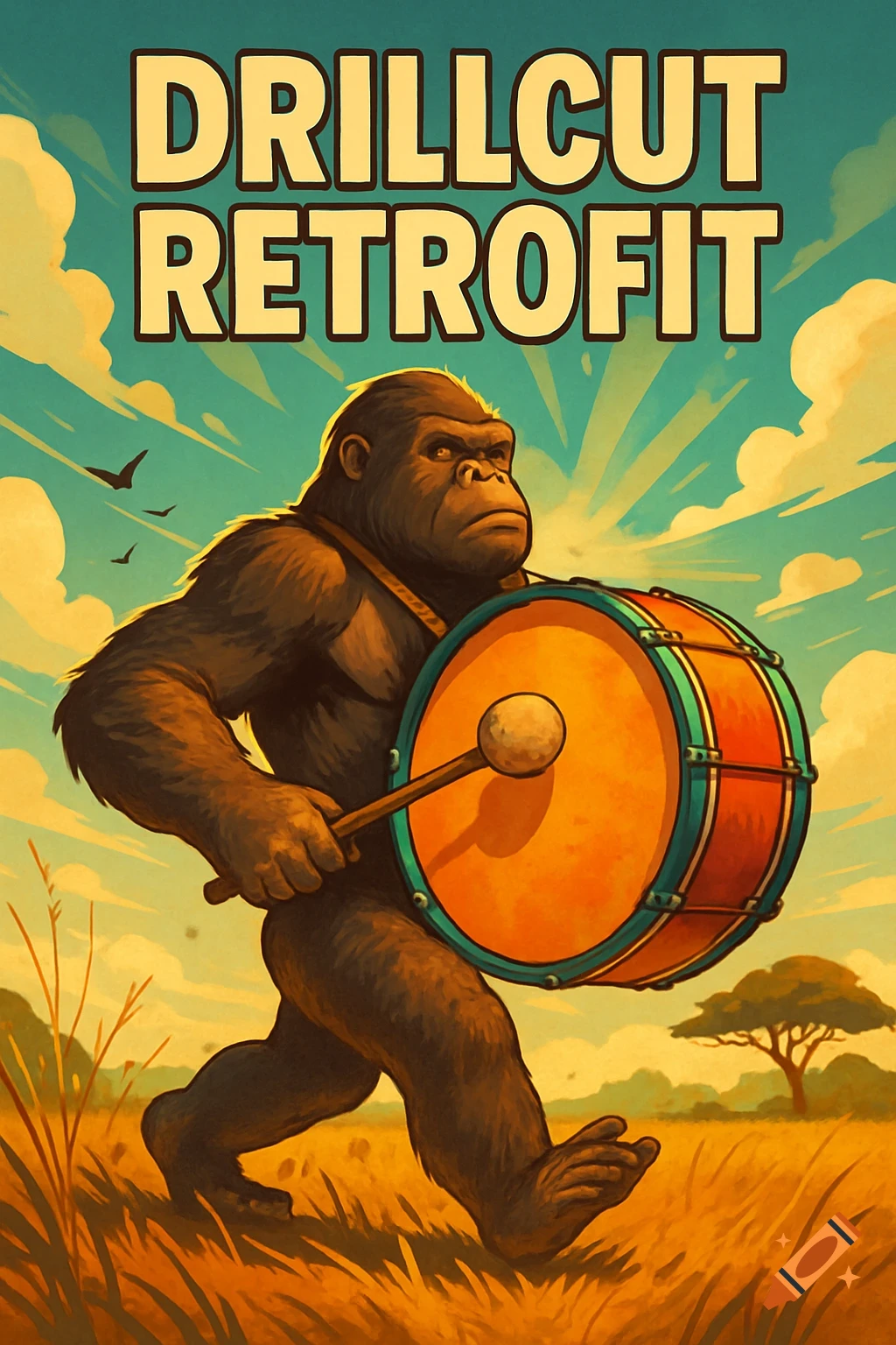 A retro illustration of a gorilla marching and playing a bass drum in a savanna. Caption: 'Drillcut Retrofit'.