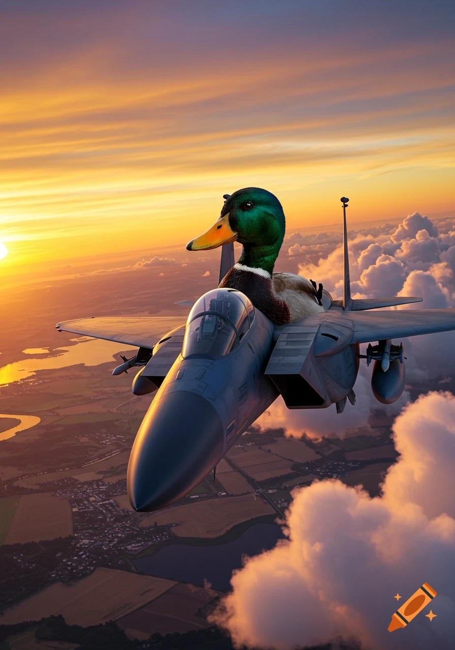 Photorealistic image of a mallard duck piloting an F-15 fighter jet above clouds and land at sunset.