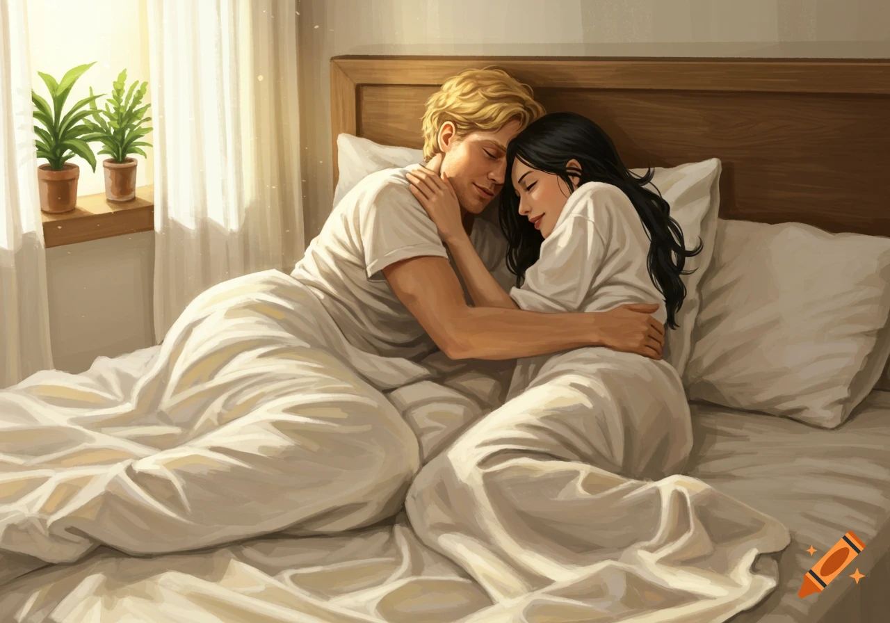 An illustration of a couple cuddling intimately in bed under warm window light.