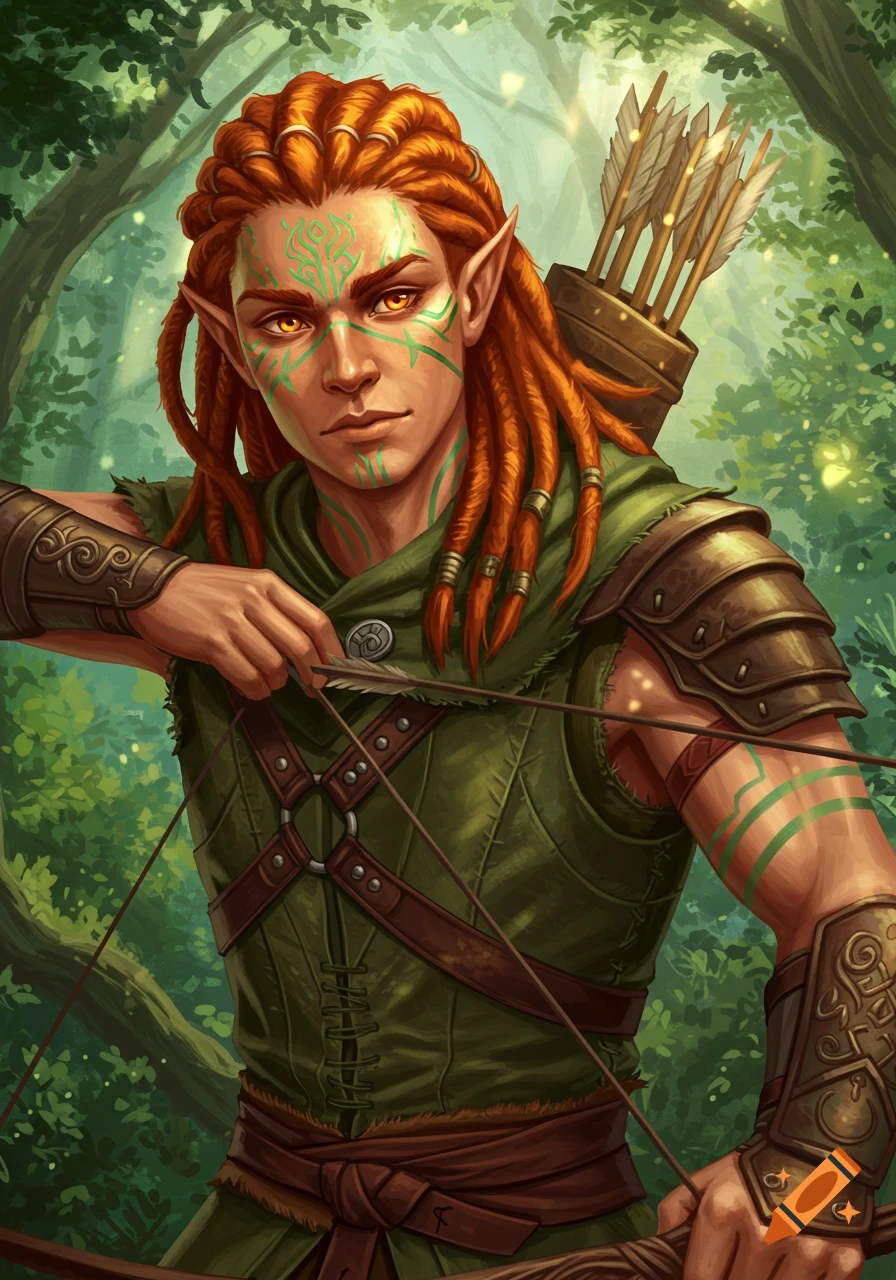An epic painting of a male elf archer with ginger dreadlocks, green facial tattoos, and a bow, standing in a magical forest.