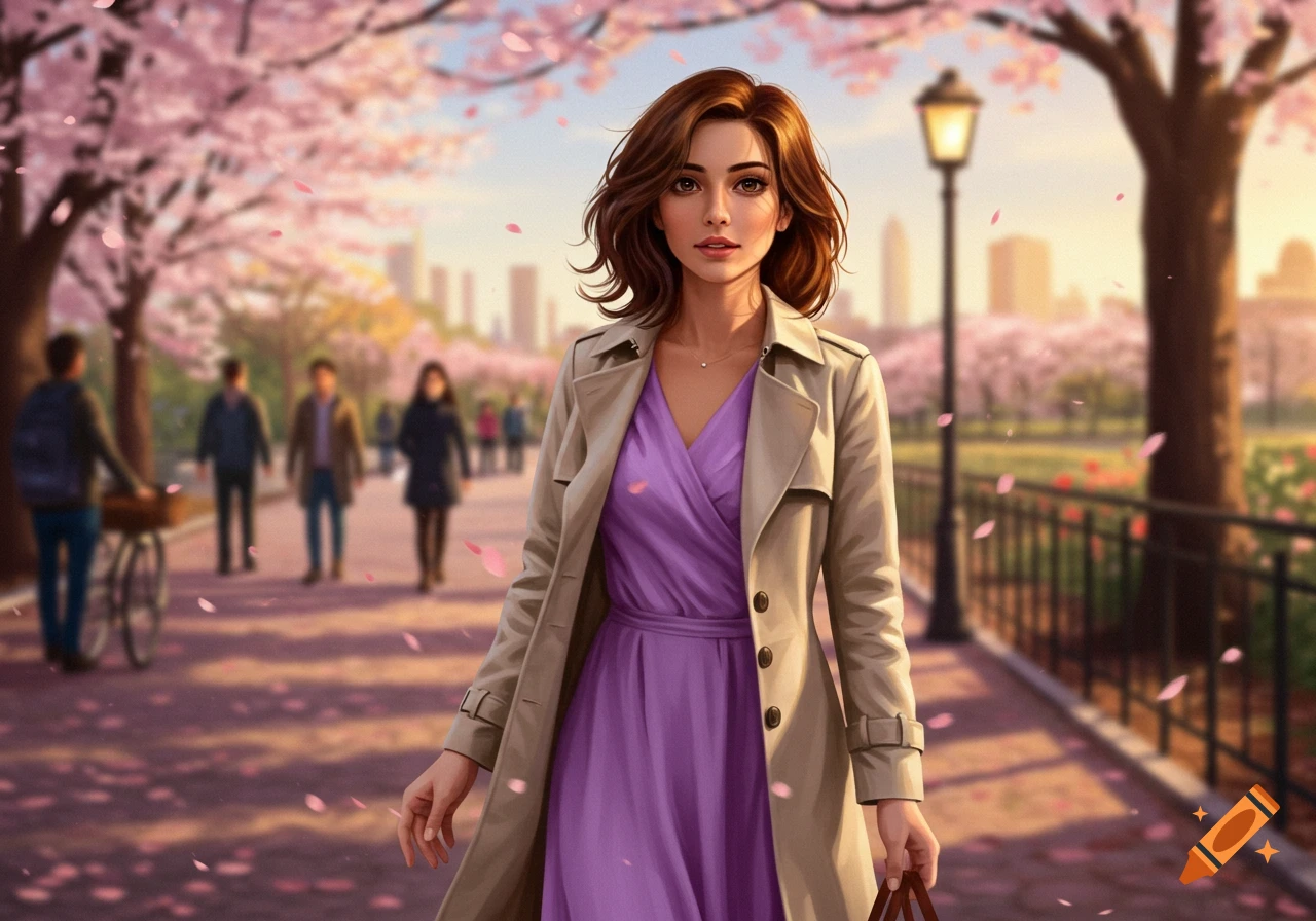 An illustrated woman in a beige trench coat and purple dress walks through a cherry blossom-filled city park at sunset.