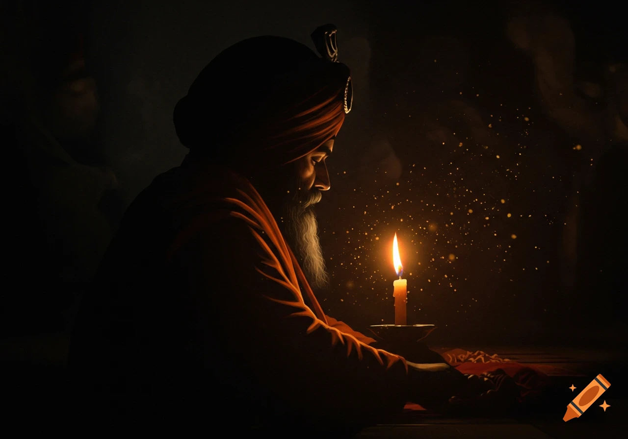 A bearded man in a turban gazes at a single lit candle in a dark, spiritual scene with sparkling light.
