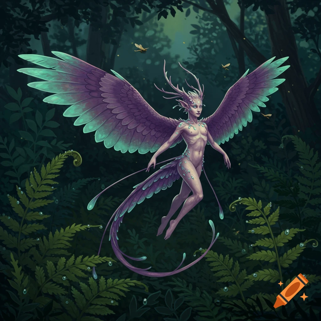 A fantasy creature with large purple and teal wings, antlers, and leaf patterns on its body floats in a dark forest with ferns.