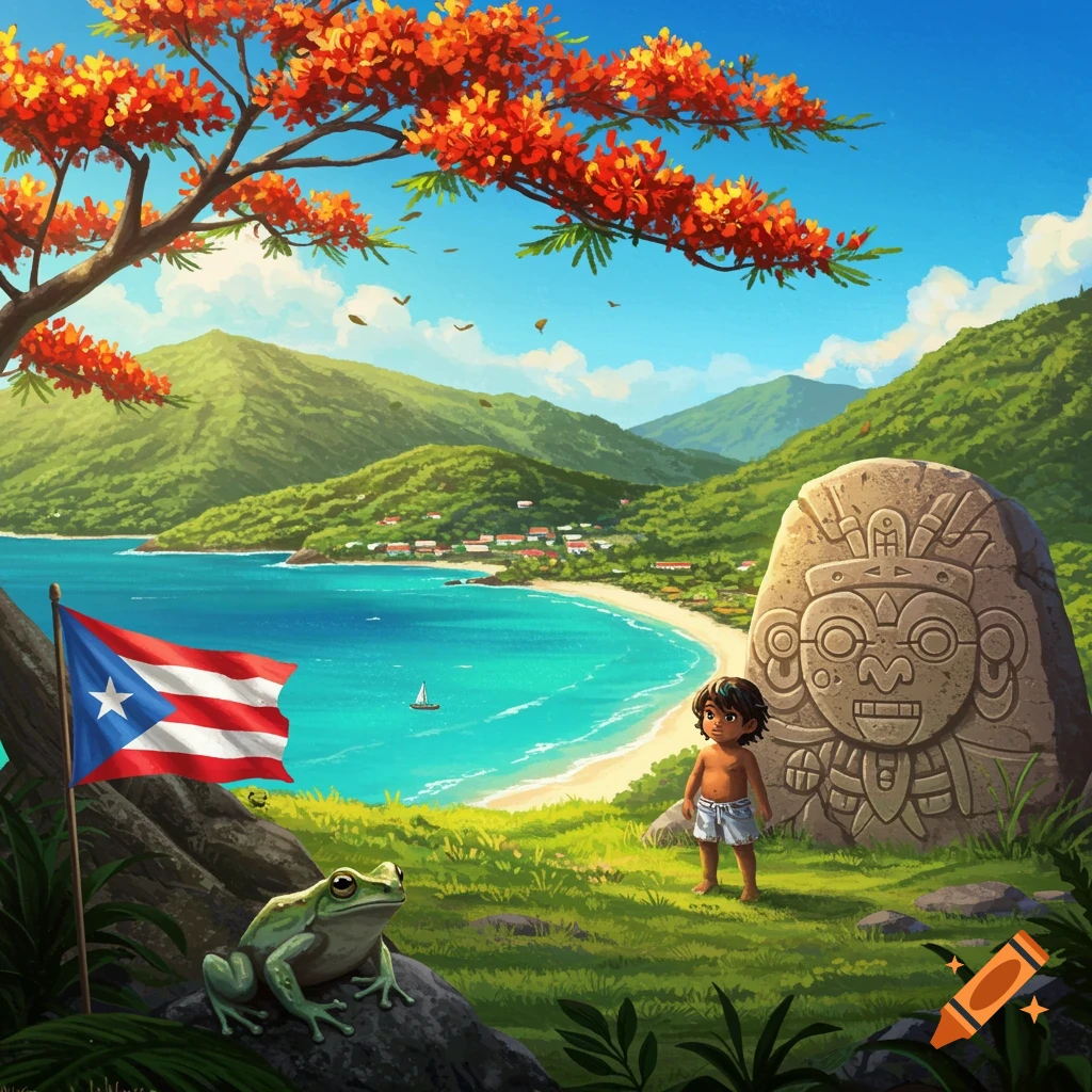 Vibrant illustration of a child, Coqui frog, and Taino rock by a Puerto Rican flag on a tropical beach with mountains and a flamboyant tree.