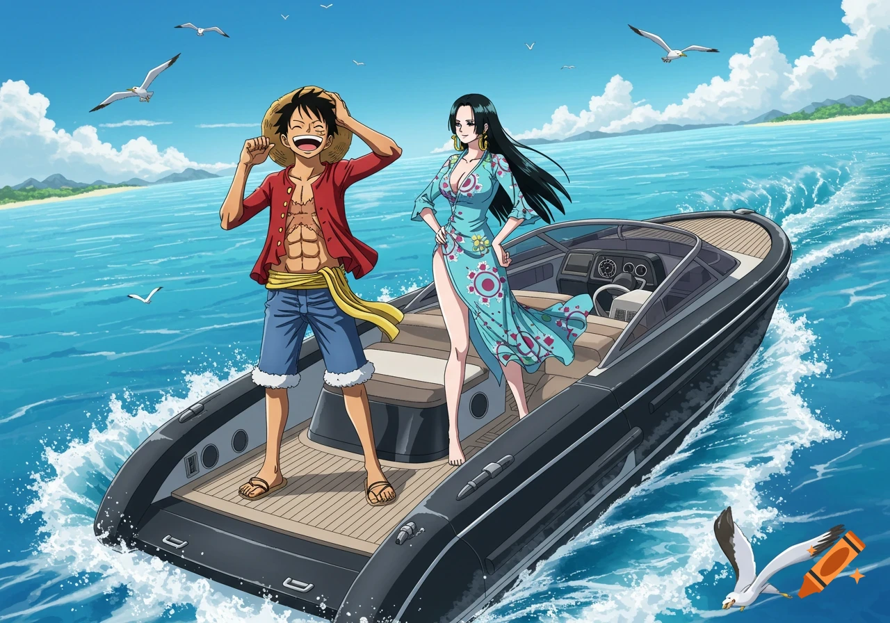 Anime characters Luffy and Hancock on a speedboat in the ocean, with seagulls flying above.