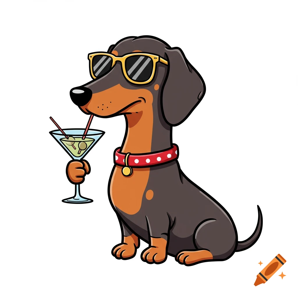 Cartoon dachshund in sunglasses sipping a martini, sitting, vector illustration.