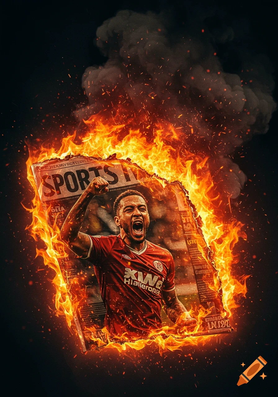 A male soccer player in a red jersey celebrates intensely in front of a burning sports newspaper, surrounded by fire and smoke. Dynamic digital art.