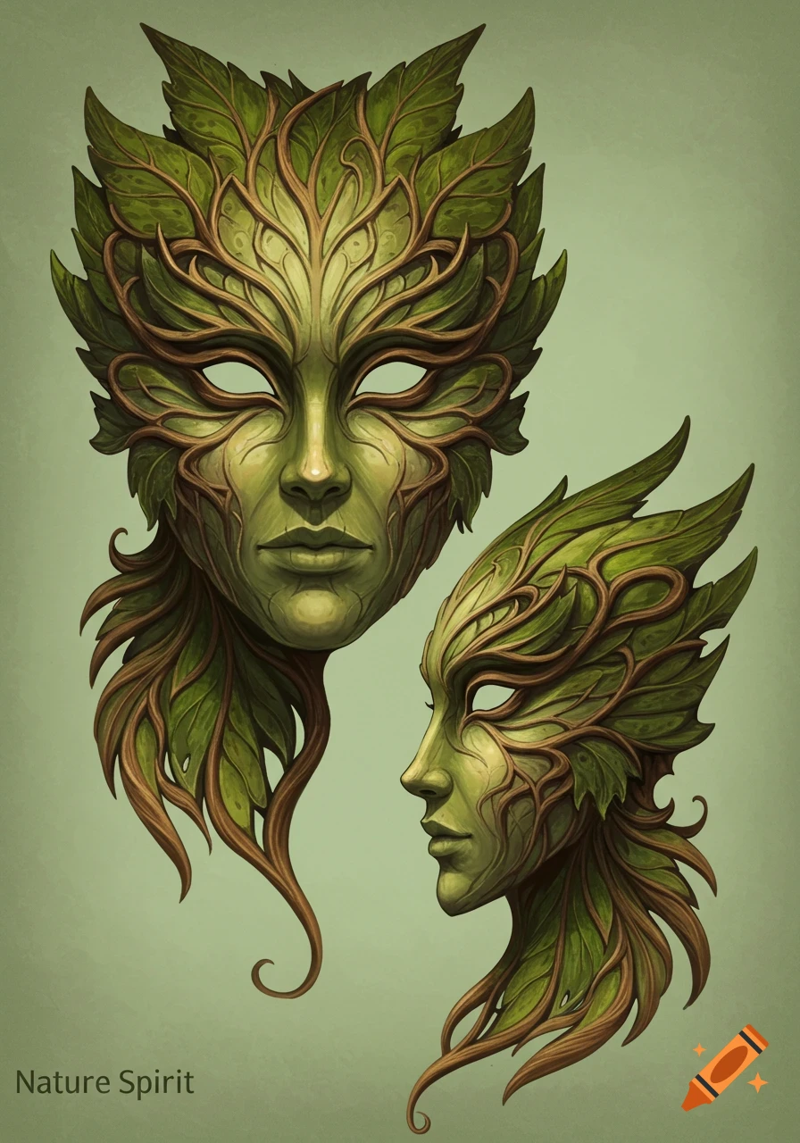 Two detailed green masks, one full-face and one in profile, crafted from leaves and vines on a muted green background.