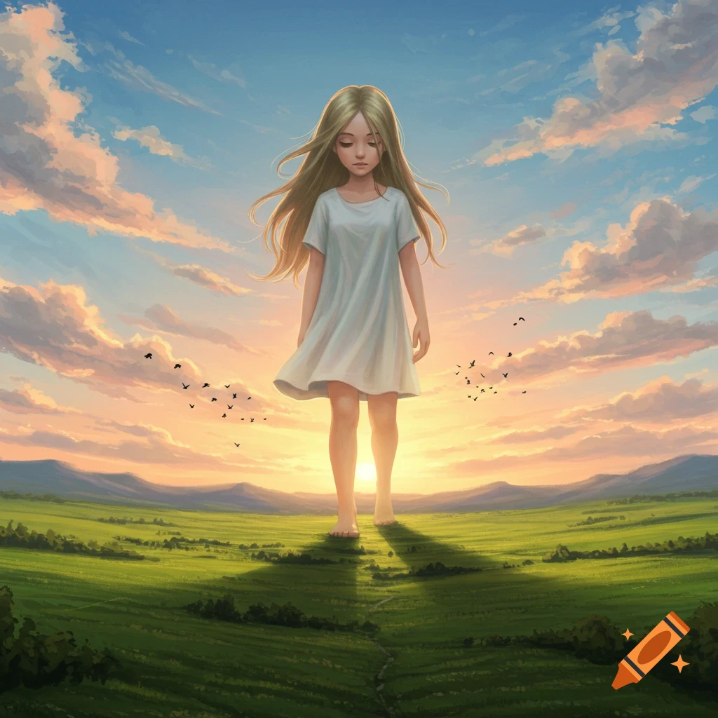 A giant girl with long blonde hair in a white dress walks barefoot through a green field at sunset, with birds flying in the sky.