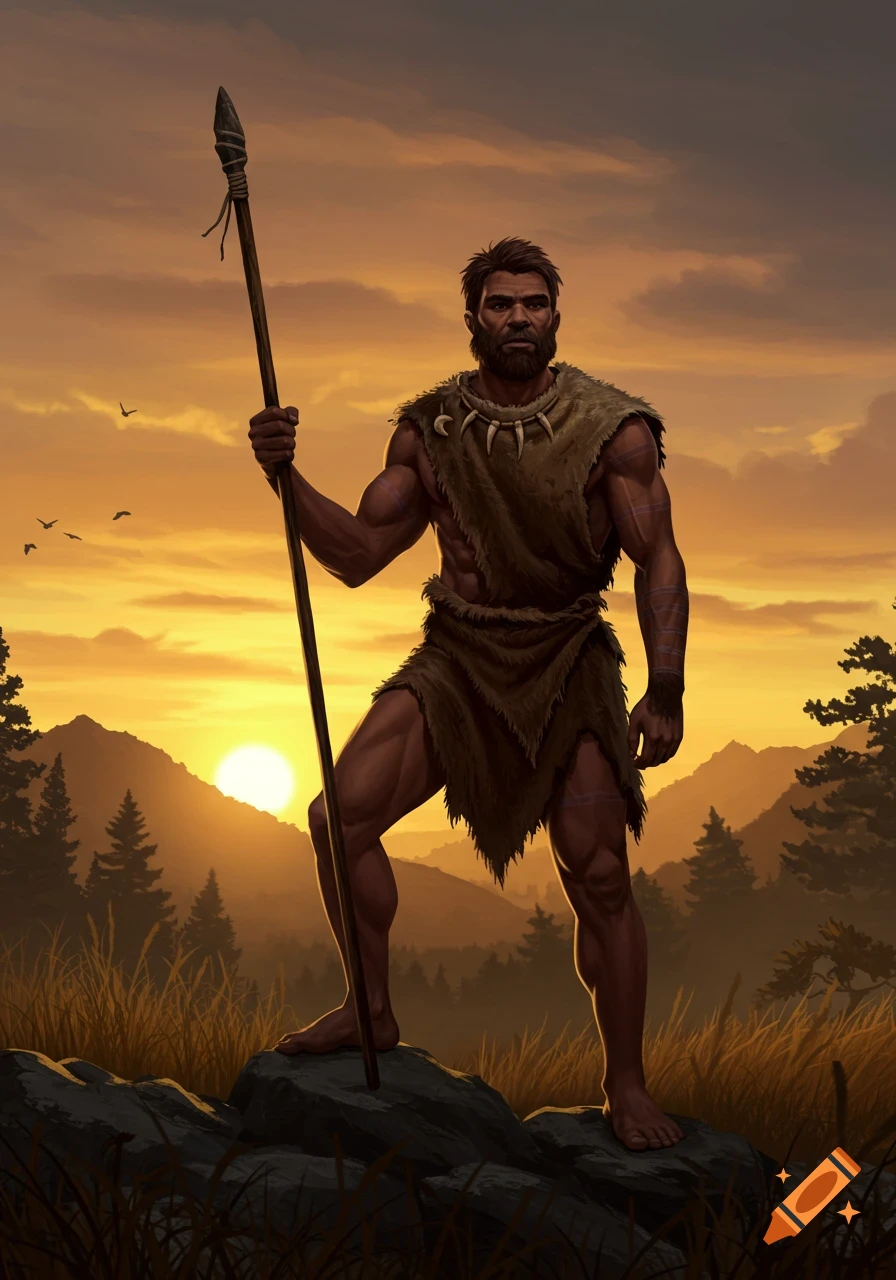 A muscular paleolithic man with a spear stands on a rock, silhouetted against a vibrant sunset over mountains.