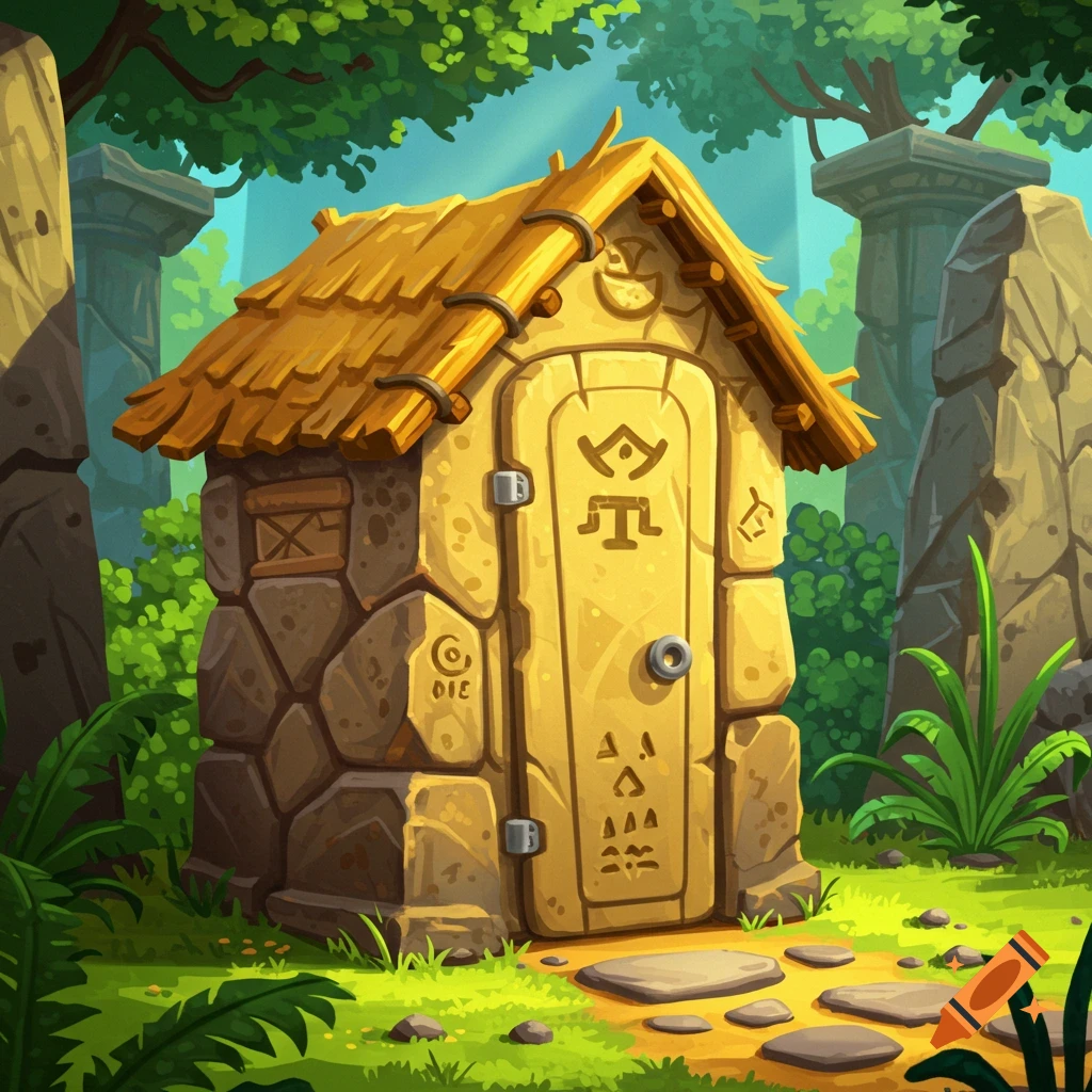 A stylized, stone-like porta potty with a thatched roof, adorned with ancient symbols, sits in a lush green jungle.