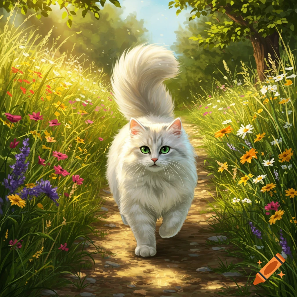 A fluffy white cat with bright green eyes walks on a sunlit path through a vibrant meadow of colorful wildflowers, in a painterly style.
