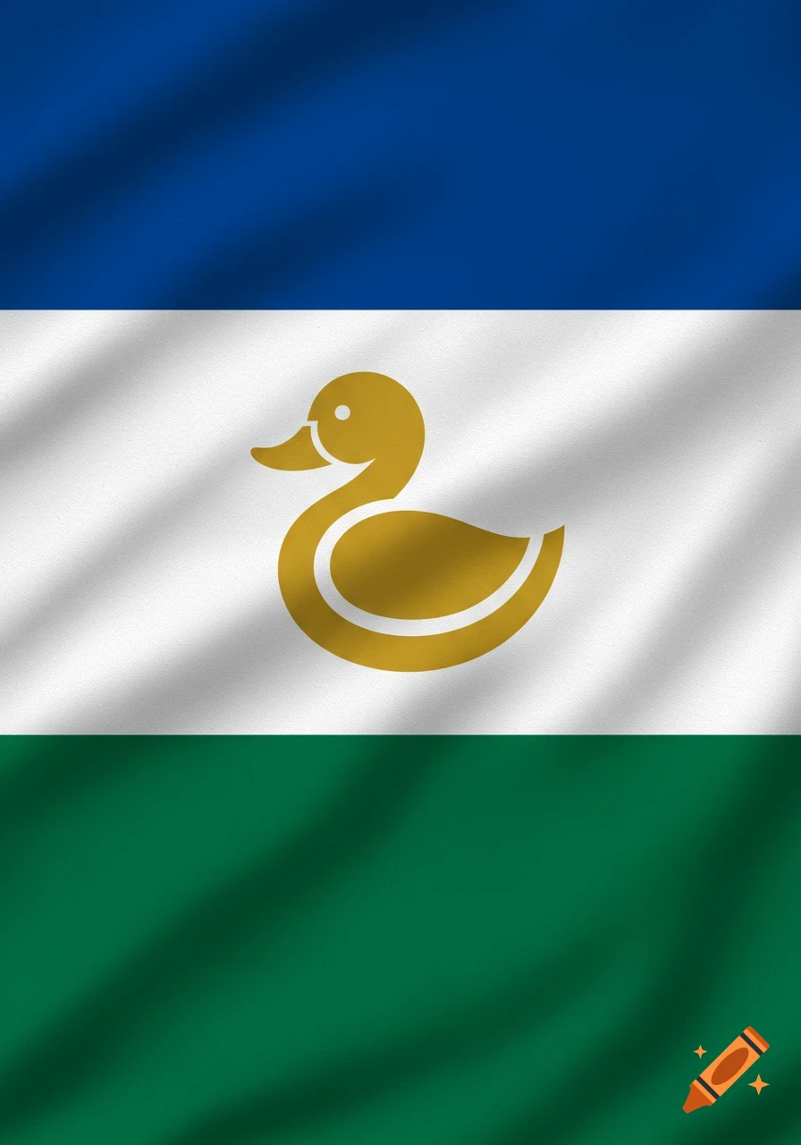 A national flag with blue, white, and green horizontal stripes, featuring a stylized golden duck emblem in the center.