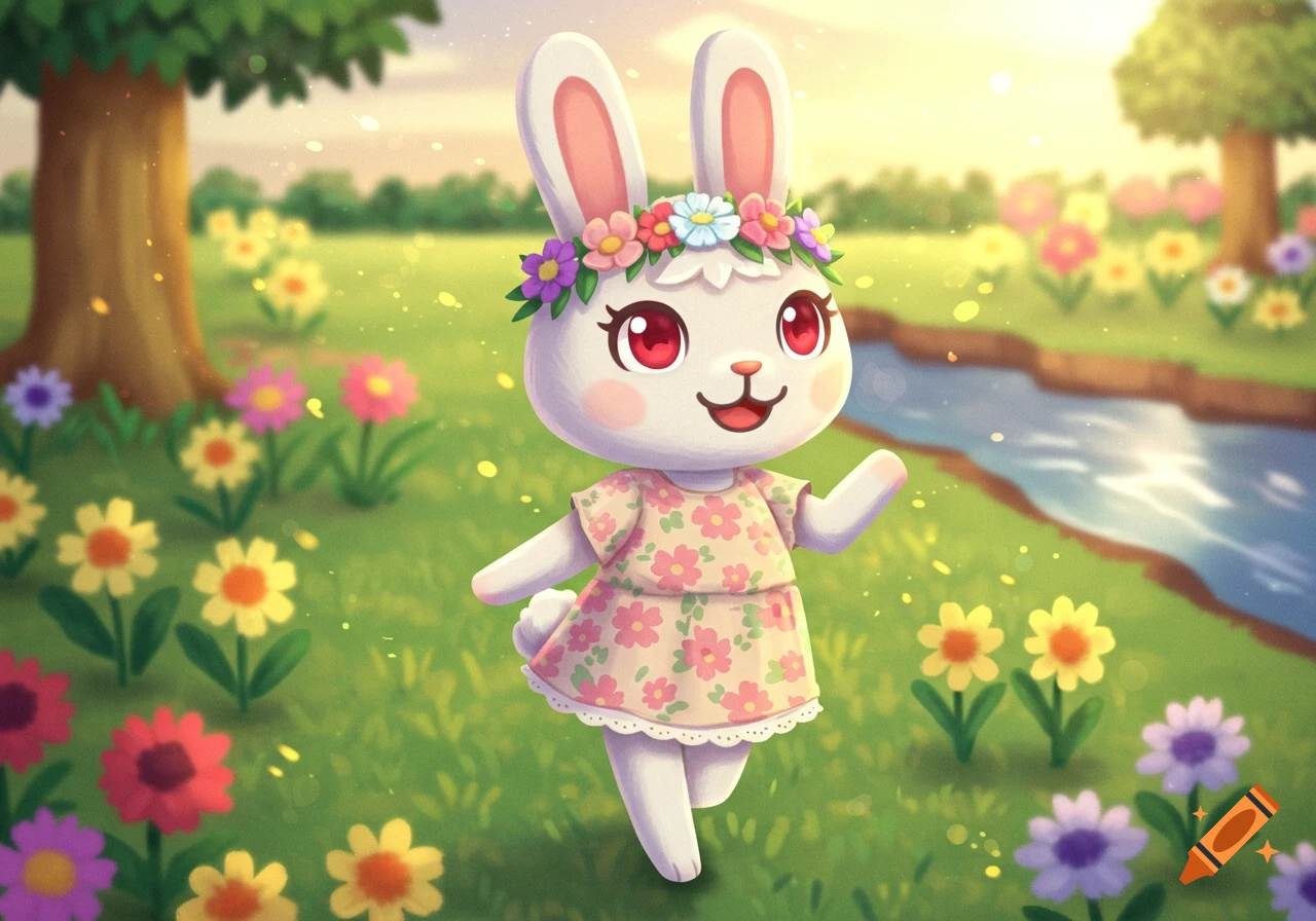 A cute white bunny character wearing a flower crown and floral dress stands in a sunny, flower-filled field by a stream, in Animal Crossing style.