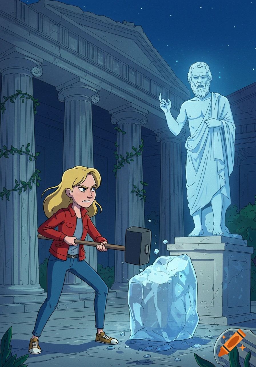 A cartoon blond woman with a hammer breaks a block of ice in front of an ancient Greek temple at night, as a glowing statue of Socrates looks on.