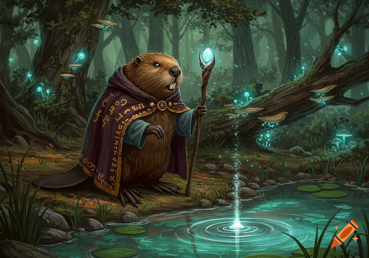A beaver wizard wearing a dark robe with runes, holding a glowing staff, stands by a magical pond in a dark forest.