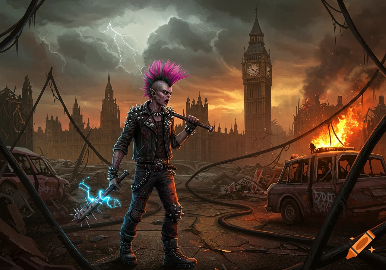 A punk mutant with a pink mohawk and spiked bat stands in a burning, post-apocalyptic London street with Big Ben in the background, under stormy skies.