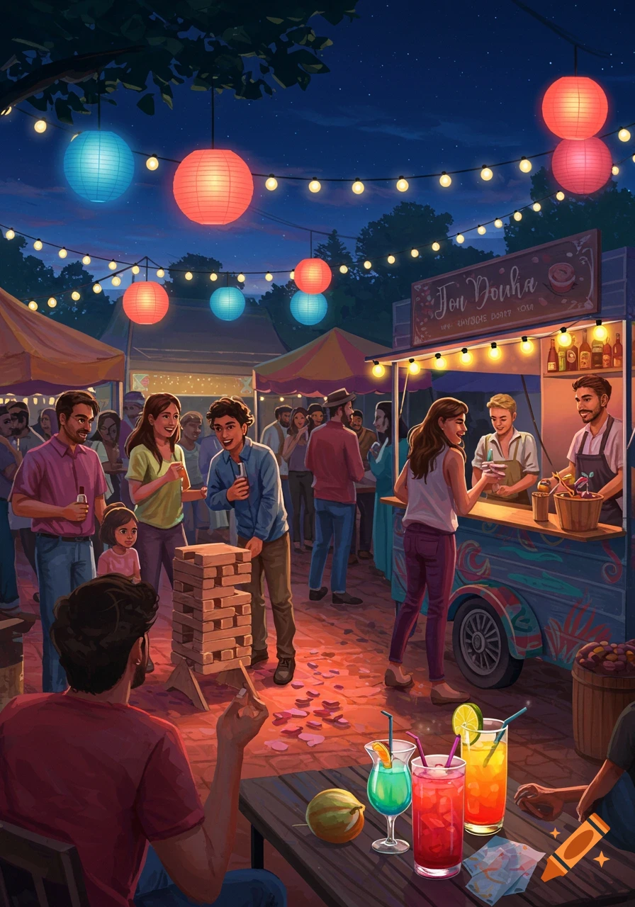 A vibrant night market scene with people mingling, playing Jenga, buying food from a stand, and enjoying colorful drinks under hanging lanterns and string lights.