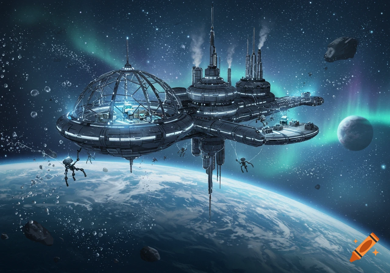 A large futuristic space factory with domed sections and towers orbits a blue planet, surrounded by asteroids and a glowing aurora.