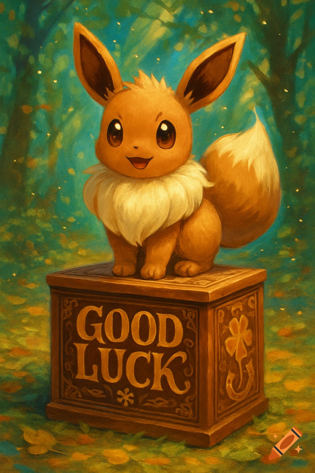 A cute Eevee sits on a decorative wooden box with "GOOD LUCK" written on it, set in a mystical forest with a painterly style.