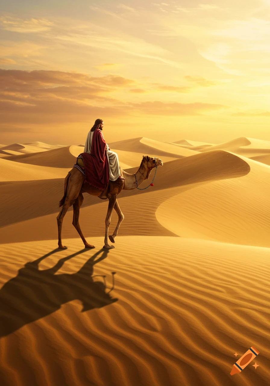A man in robes rides a camel across sunlit desert dunes at golden hour, with long shadows stretching across the sand.