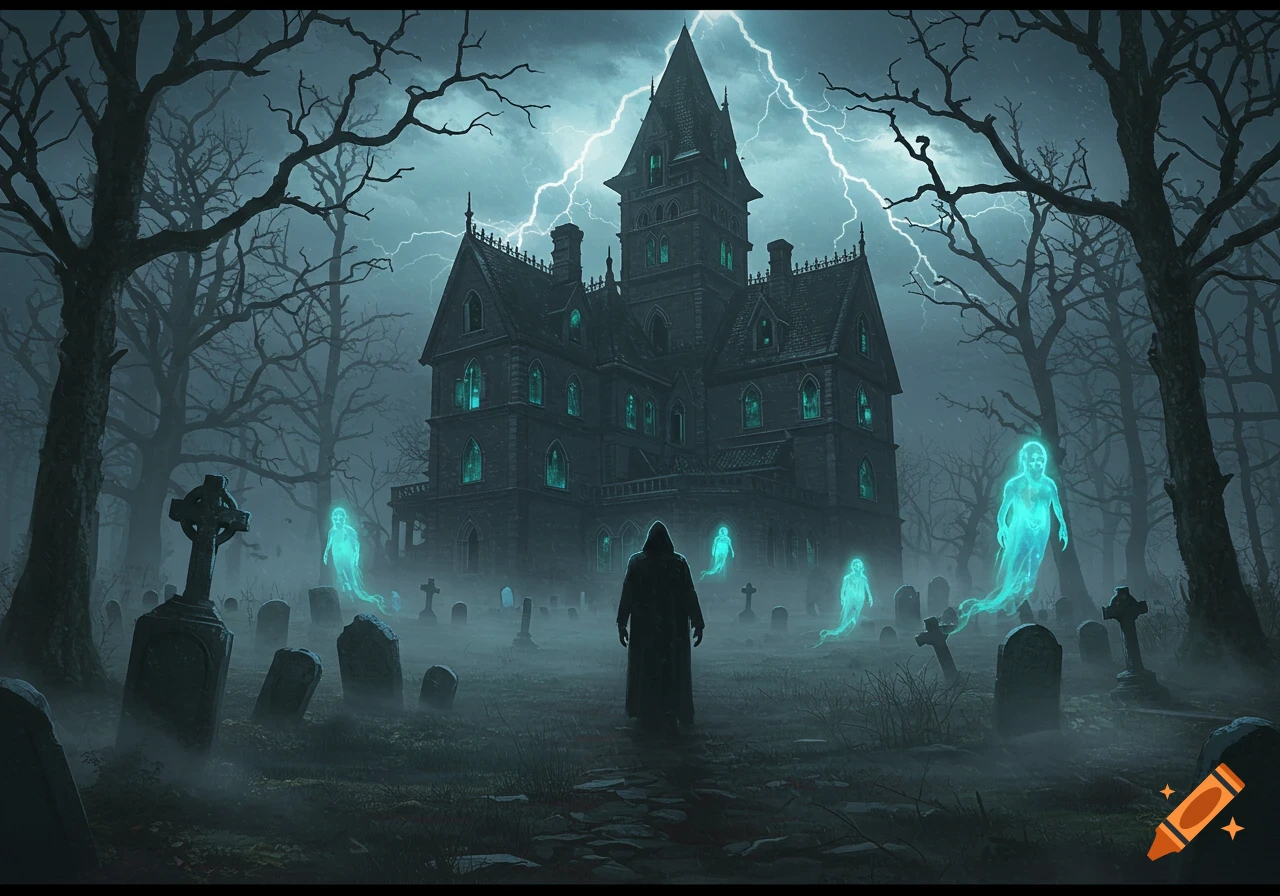 Hooded figure in a misty graveyard with glowing ghosts facing a dark gothic mansion under a lightning storm, horror art.