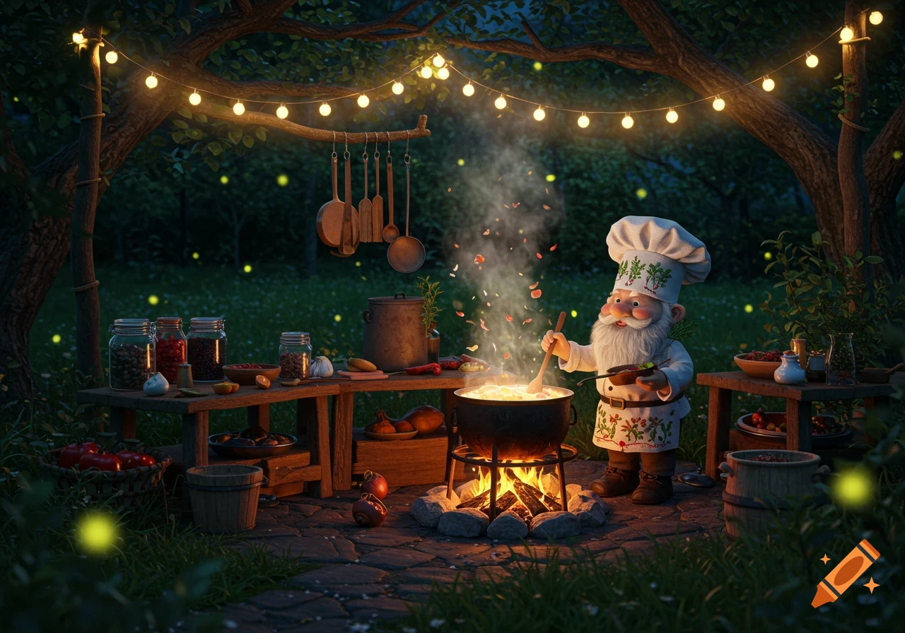 A whimsical gnome chef cooks over a campfire at night in an enchanted forest with string lights and fireflies.