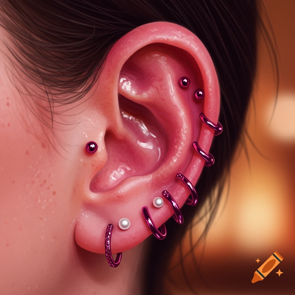 Close-up of an ear with multiple vibrant pink and white pearl piercings, some spiraled, against dark hair.