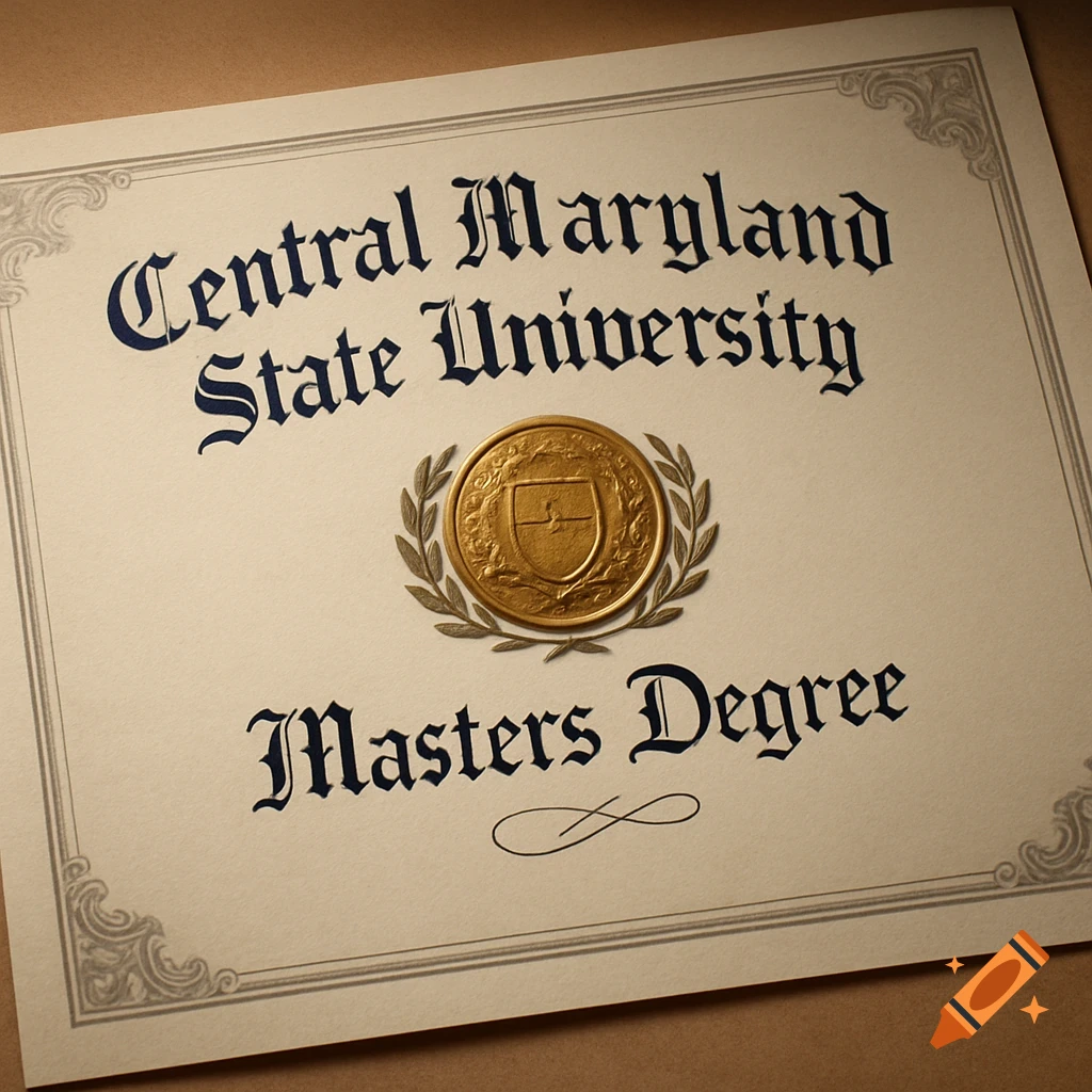 A close-up, photorealistic view of a Master's Degree diploma from Central Maryland State University, featuring a gold seal.