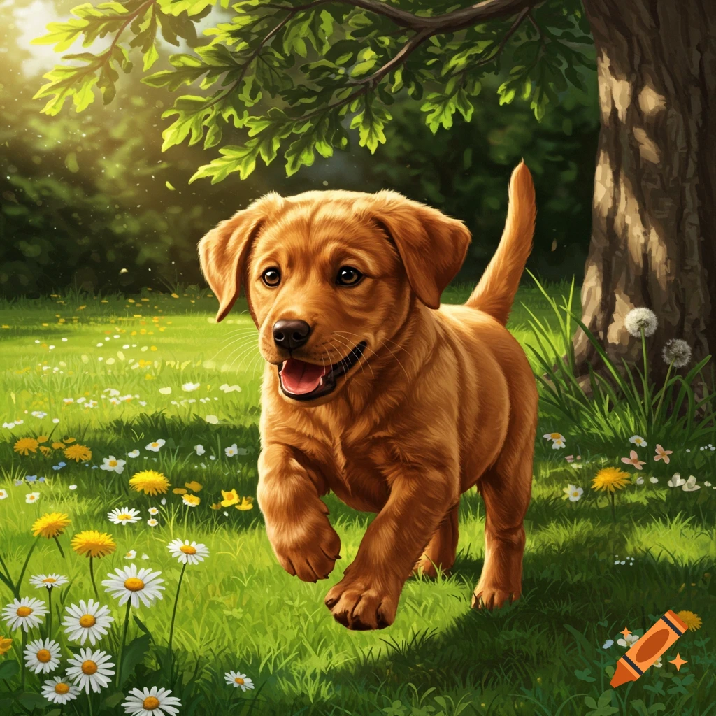A happy fox red Labrador puppy runs through a sunny green field filled with white daisies and yellow dandelions, under a tree.
