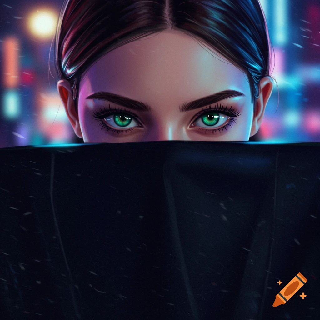 A close-up digital art portrait of a woman with bright green eyes peeking over a dark surface, with a blurry neon city background.
