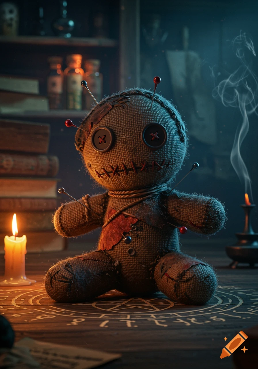 A burlap voodoo doll with button eyes and stitches sits on a wooden table adorned with glowing arcane symbols, lit by candlelight with smoke rising in the background.