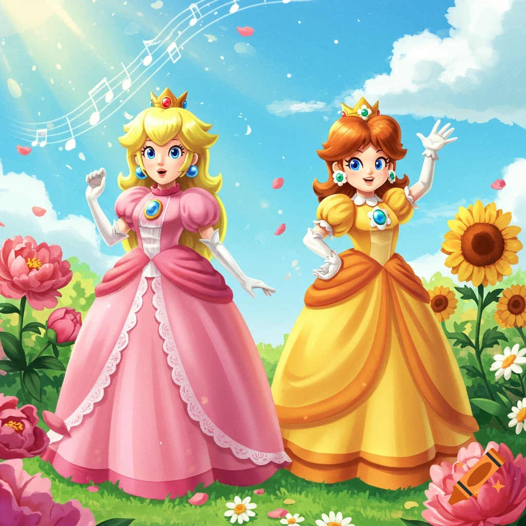Princess Peach in a pink dress and Princess Daisy in a yellow dress stand in a sunny garden with flowers and musical notes.