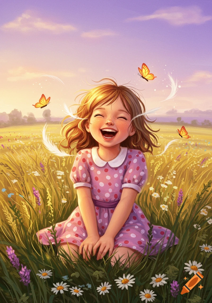 A happy cartoon girl in a pink polka dot dress sits in a vibrant flower field, surrounded by butterflies and magical wisps under a purple and orange sky.