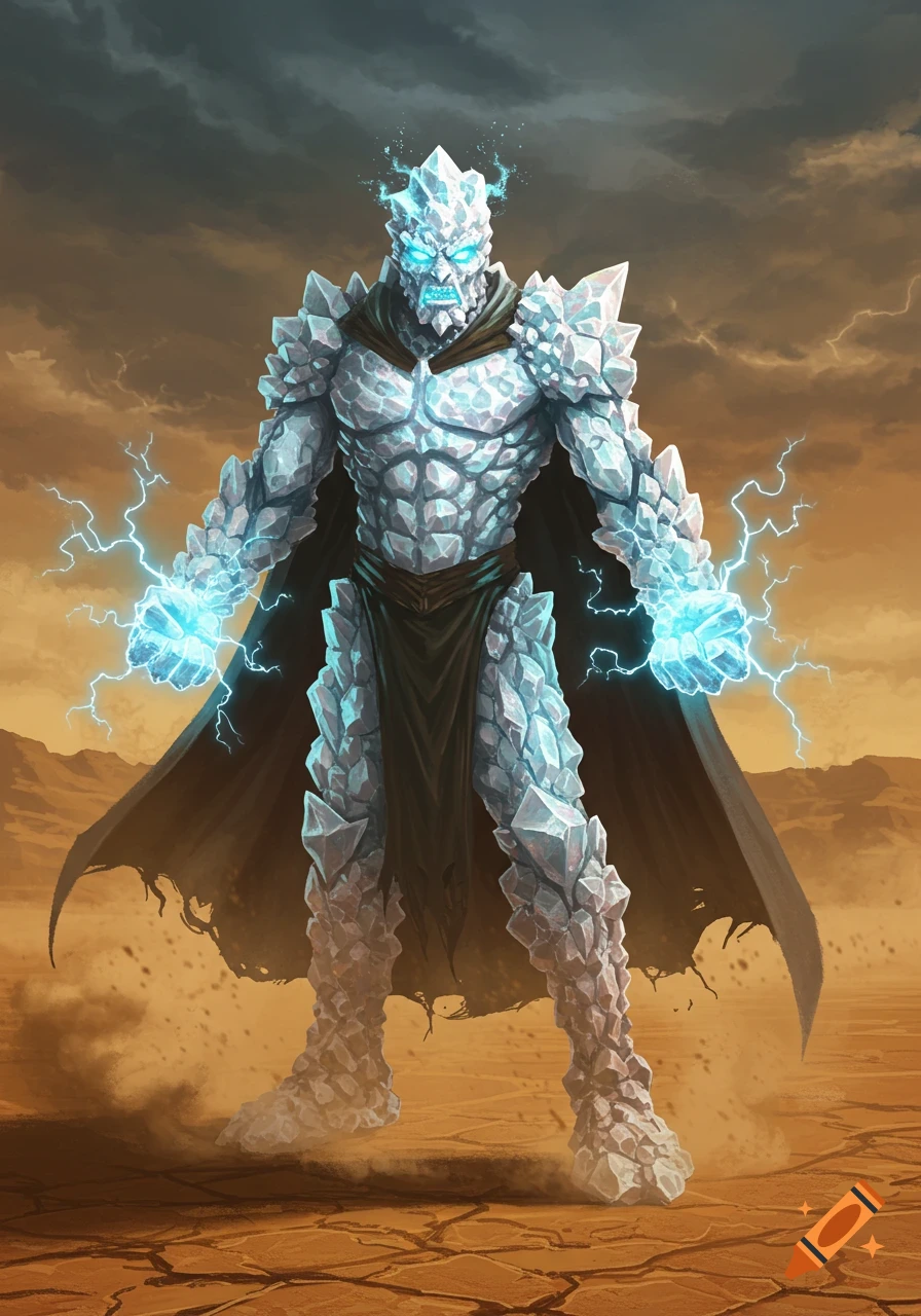 An ice creature with glowing blue eyes and lightning crackling from its hands stands in a desert under a stormy sky, wearing a dark cape.
