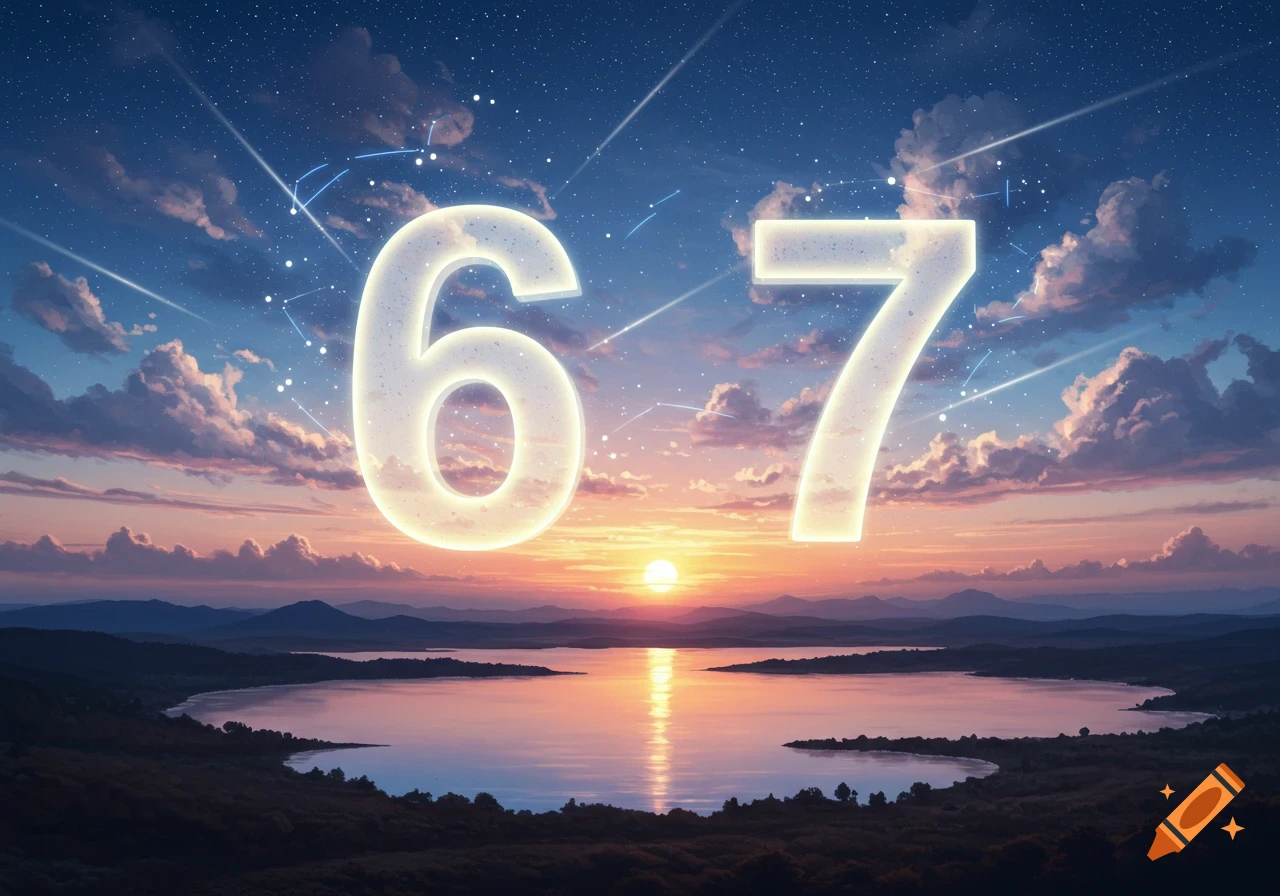 Glowing numbers 6 and 7 in a starry night sky with clouds and sunset over a tranquil lake and mountains, digital art style.