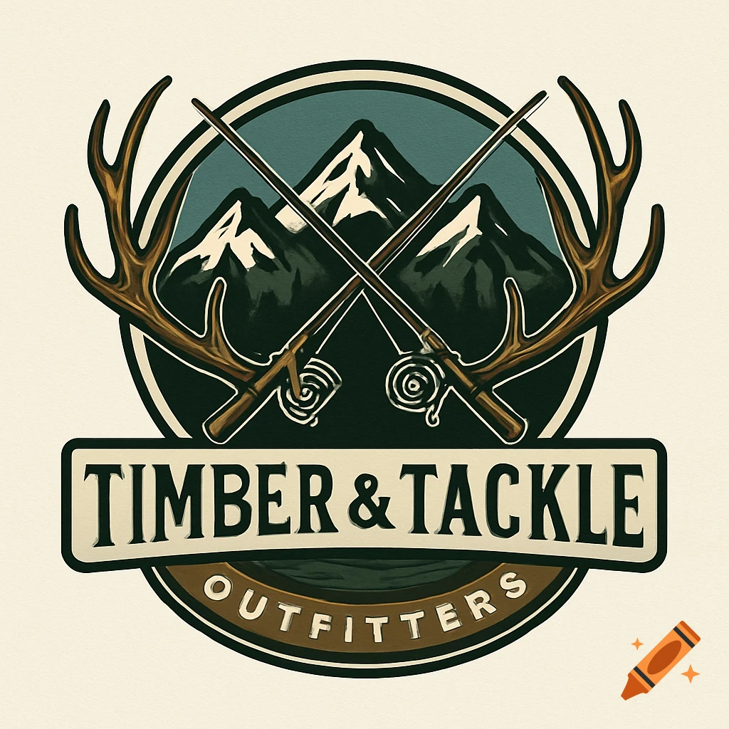 A vintage-style logo for "Timber & Tackle Outfitters" with crossed fishing rods, antlers, and mountains in a circular emblem.