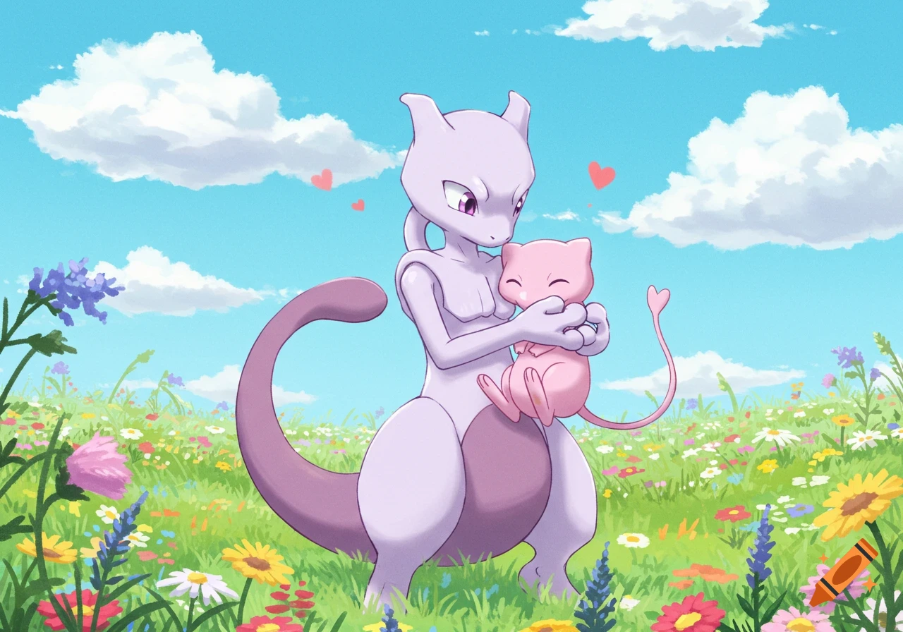 Cartoony purple Mewtwo gently holds a pink Mew in a sunny flower field under a blue sky with clouds and hearts.