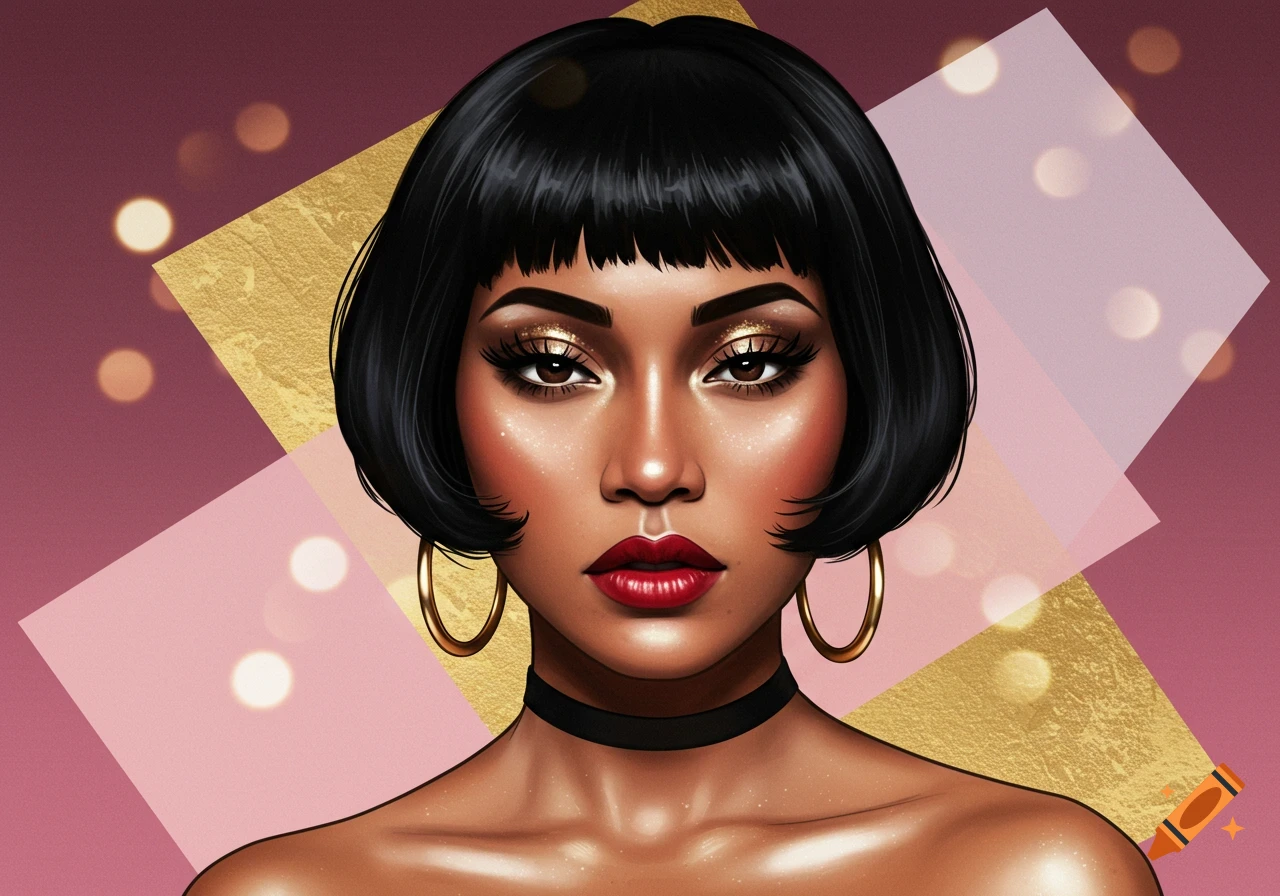Stylized portrait of a woman with short black hair, gold glitter makeup, red lipstick, and large hoop earrings against a pink and gold geometric background.