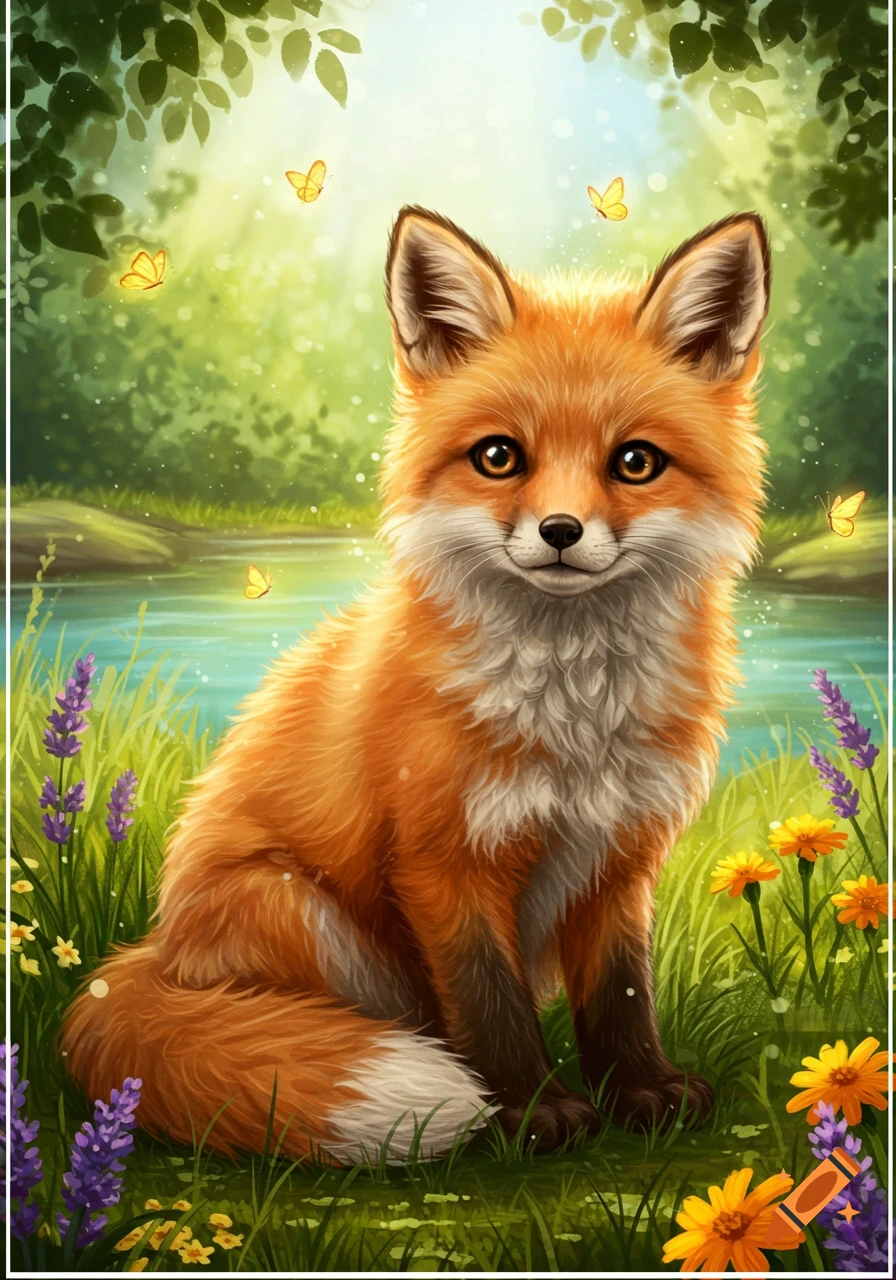 A cute orange fox with a white chest sits in a vibrant green meadow with purple and yellow flowers, butterflies, and a stream, in an illustration.