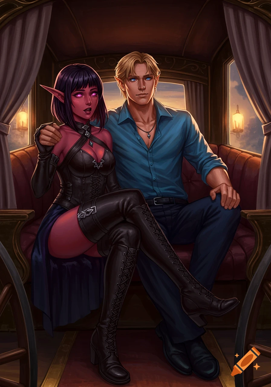 An illustrated fantasy image of a red-skinned elf woman and a blond human man sitting together in a carriage.