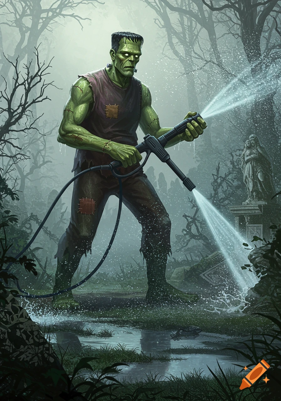 Frankenstein's monster power-washing in a misty, spooky graveyard forest, detailed illustration.