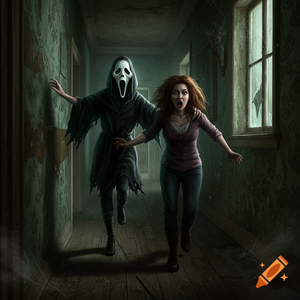 A terrifying Ghostface-like figure in a dark robe chases a terrified woman through a dimly lit, decaying hallway.