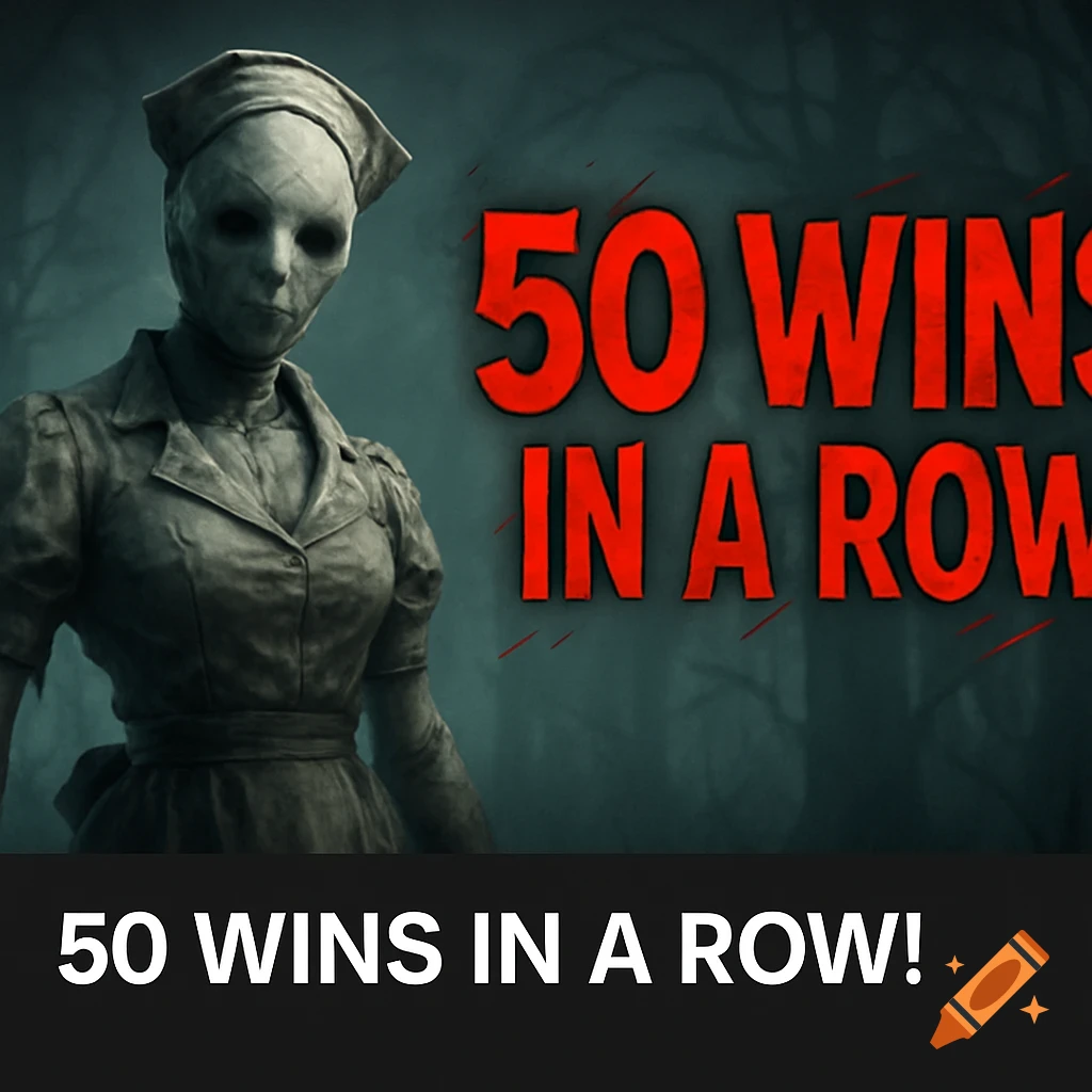 A horror game character resembling the Nurse from Dead by Daylight stands in a dark forest beside bold red text "50 WINS IN A ROW!"