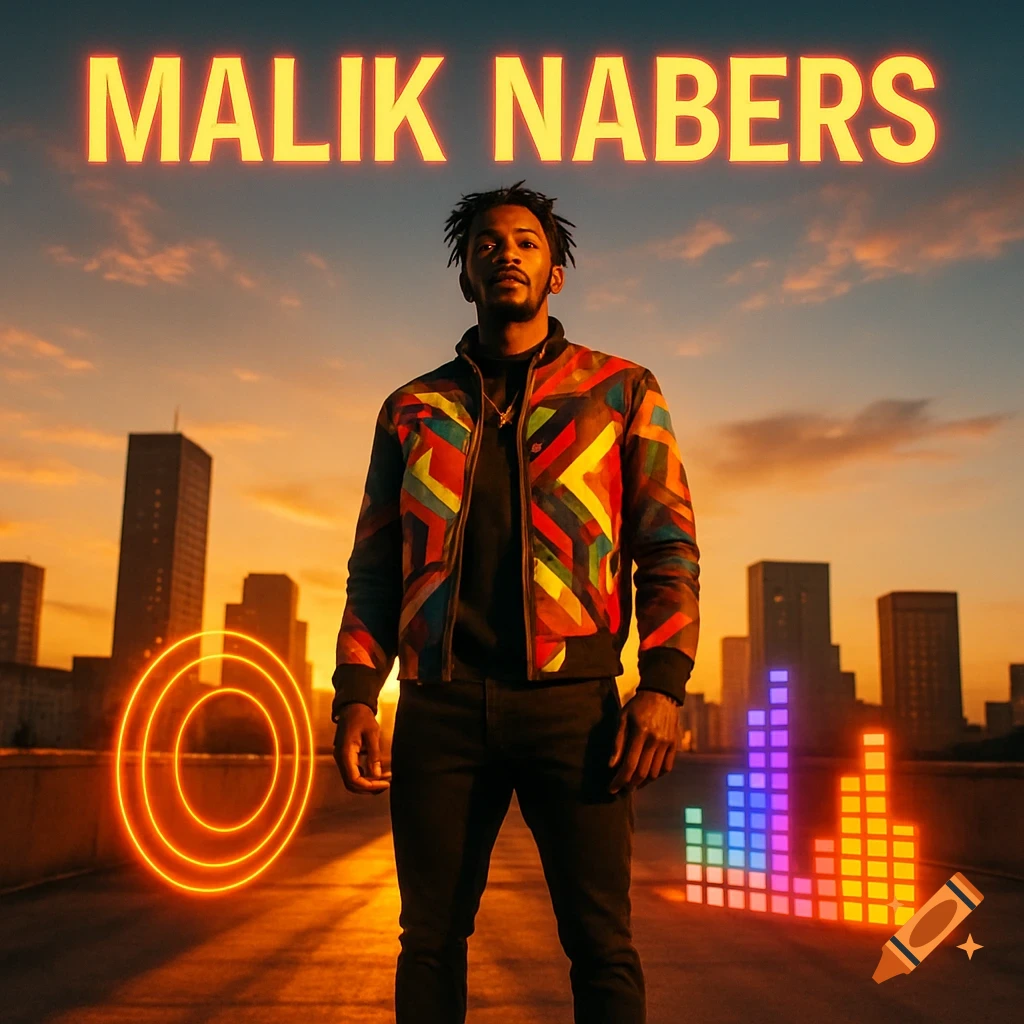 A man in a vibrant, geometric jacket stands on a city rooftop at sunset with glowing text "MALIK NABERS" above, and neon-like rings and equalizer bars in the foreground.